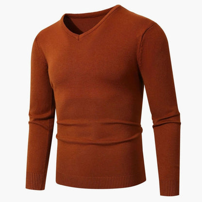 Men's slim-fit, fine-knit V-neck sweater by Homixa featuring ribbed cuffs and a stretch blend fabric.