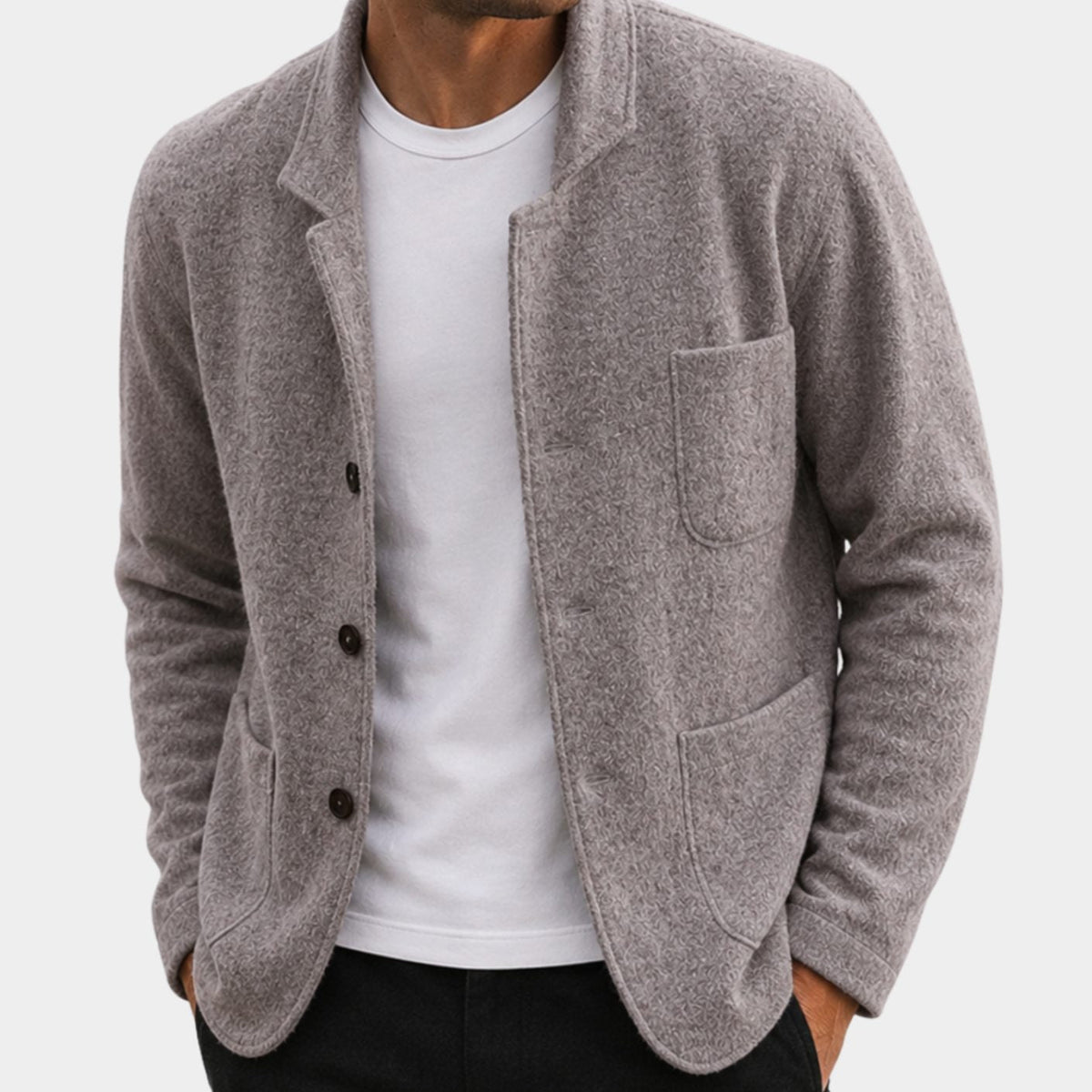 Men's slim-fit knit cardigan by Homixa with button-up front, chest and lower patch pockets, in a versatile, stylish design.
