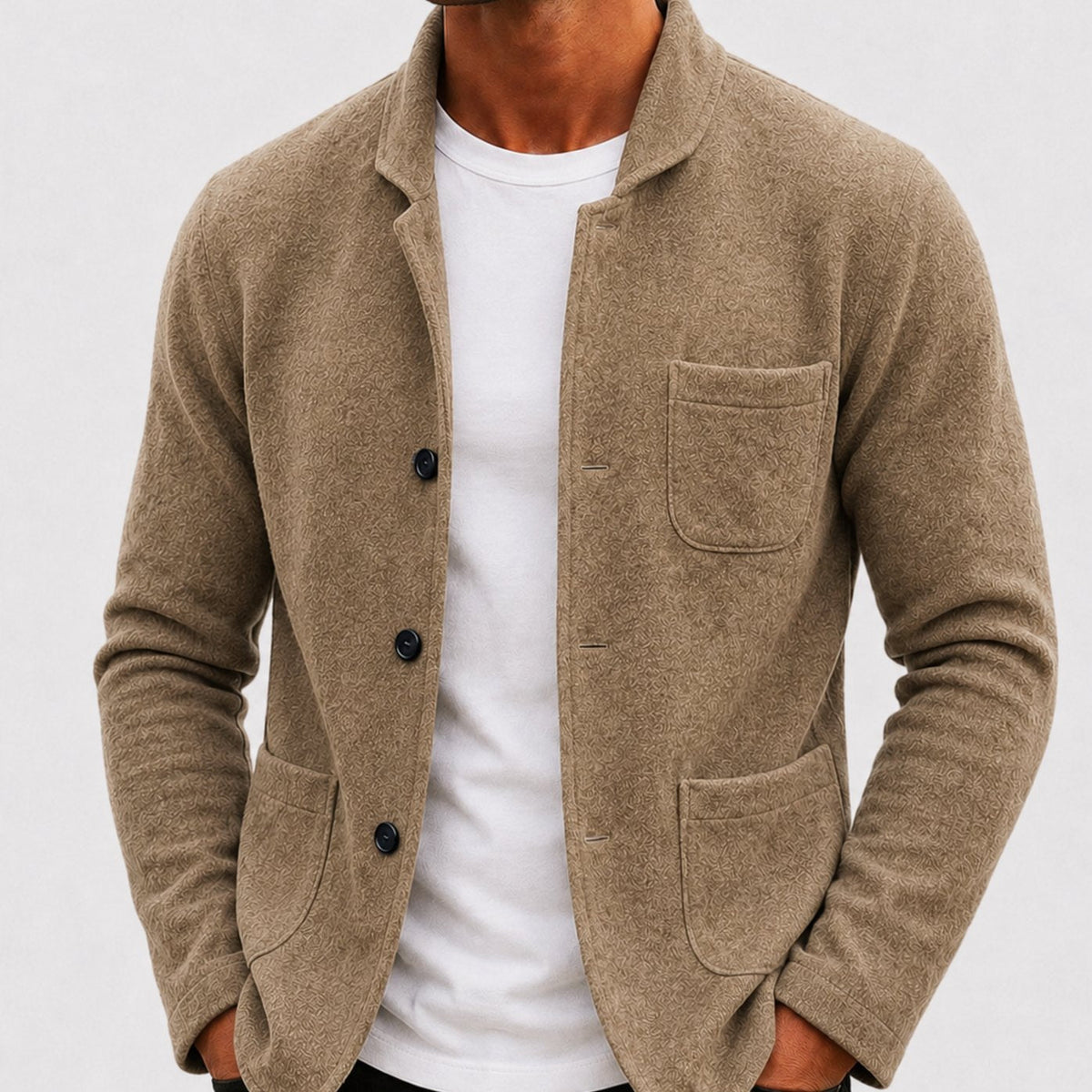 Men's slim-fit knit cardigan by Homixa with button-up front, chest and lower patch pockets, in a classic, versatile style.