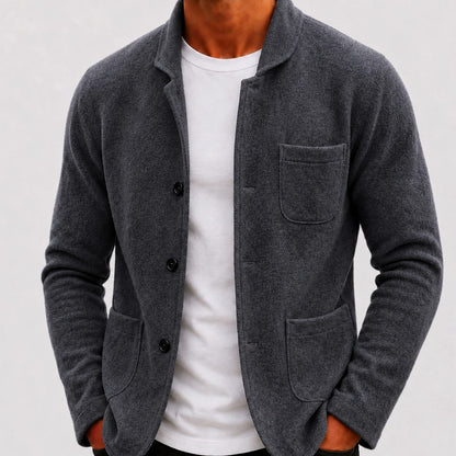 Men's slim-fit knit cardigan by Homixa with button-up front, chest, and lower patch pockets, ideal for casual or smart-casual wear.