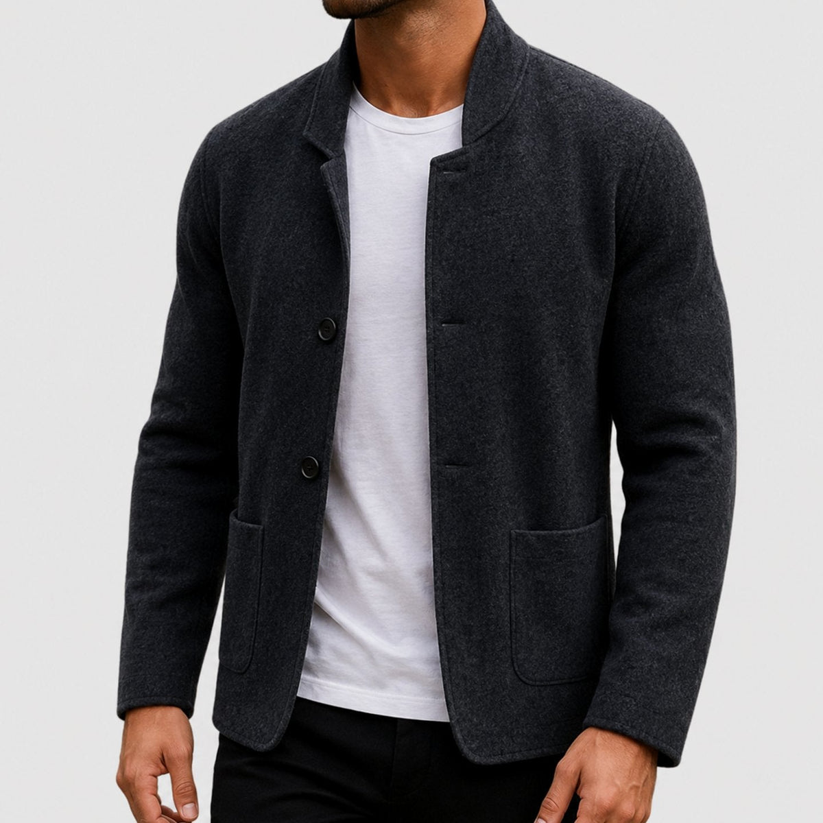 Men's slim-fit knit cardigan by Homixa featuring button-up front, chest and lower patch pockets, perfect for casual or smart casual wear.