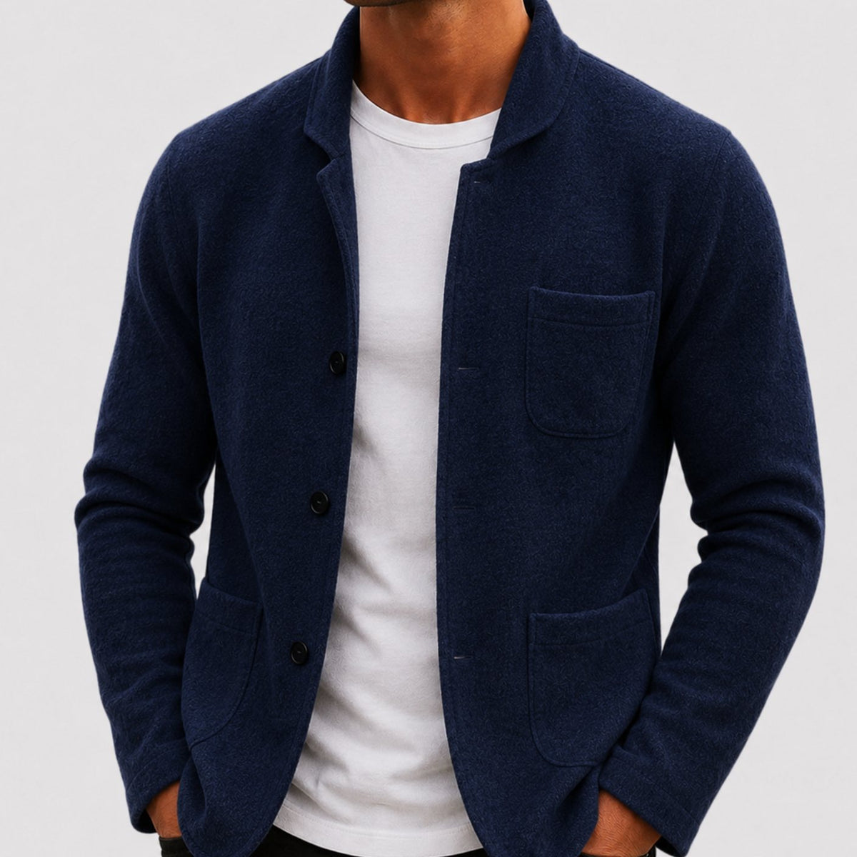 Men's slim-fit knit cardigan by Homixa with button-up front, chest pocket, and lower patch pockets, perfect for casual wear.