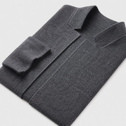 Men's slim-fit knit cardigan by Homixa featuring a button-up front, chest and lower patch pockets, in a sleek, fitted style.
