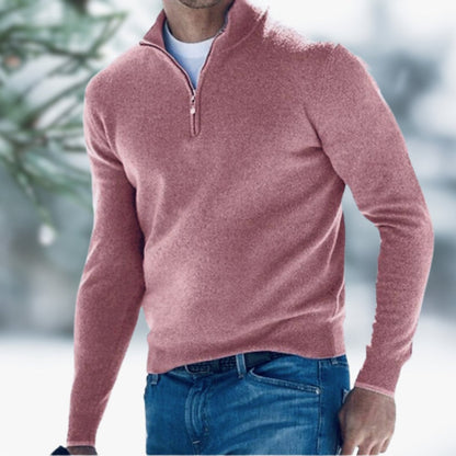 Men's slim-fit soft fine-knit quarter-zip sweater with elasticated cuffs by Homixa, shown in a close-up view.