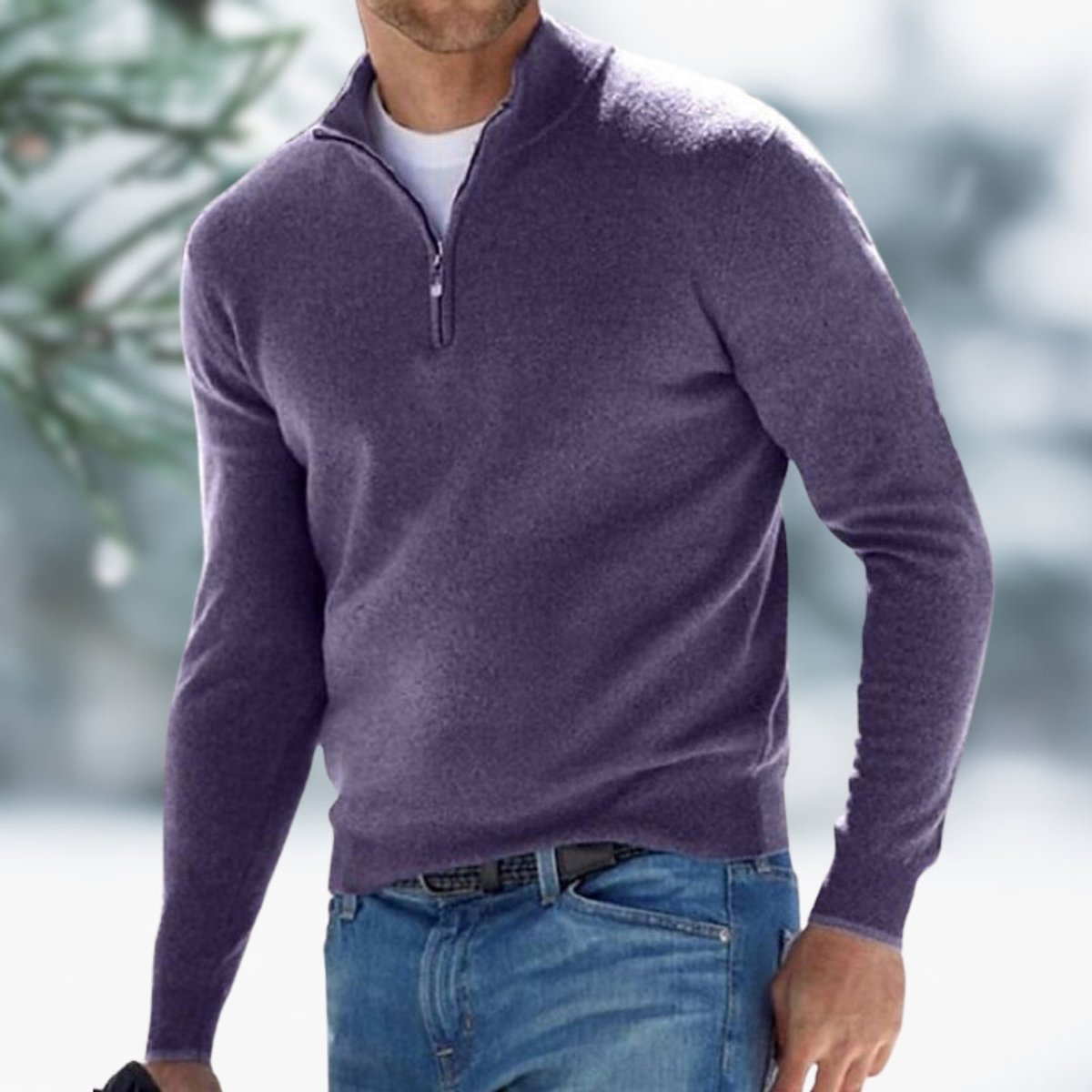 Men's slim-fit soft fine-knit quarter-zip sweater with elasticated cuffs, by Homixa, displayed on a neutral background.