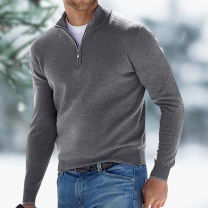 Men's slim-fit soft fine-knit quarter-zip sweater by Homixa with elasticated cuffs, shown in a close-up view.