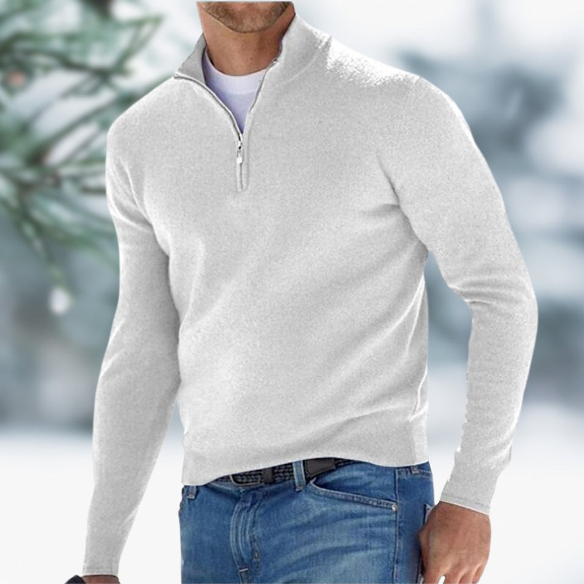 Men's slim-fit soft fine-knit quarter-zip sweater by Homixa with elasticated cuffs, showcasing a close-up of the cozy, fitted knit fabric.