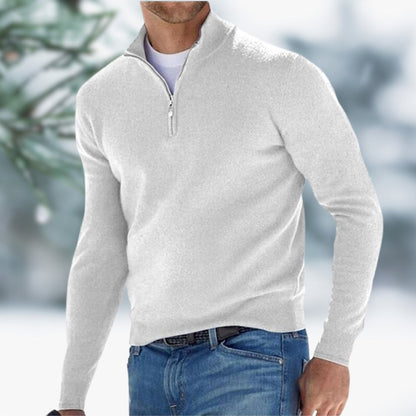 Men's slim-fit soft fine-knit quarter-zip sweater by Homixa with elasticated cuffs, showcasing a close-up of the cozy, fitted knit fabric.