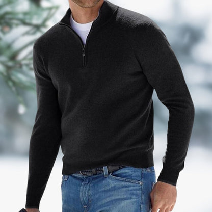 Men's slim-fit soft fine-knit quarter-zip sweater with elasticated cuffs, by Homixa, shown in a close-up of the sweater's details.