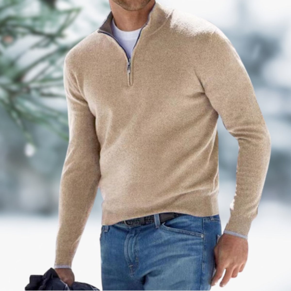 Men's slim-fit soft fine-knit quarter-zip sweater with elasticated cuffs by Homixa, shown in a close-up view.