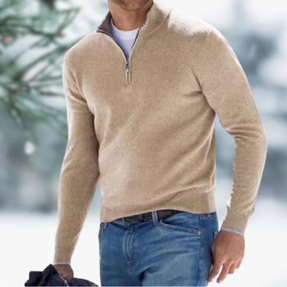 Men's slim-fit soft fine-knit quarter-zip sweater with elasticated cuffs by Homixa, shown in a close-up view.