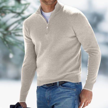Men's slim-fit soft fine-knit quarter-zip sweater by Homixa with elasticated cuffs, shown in a close-up of the sweater's fabric and zip detail.
