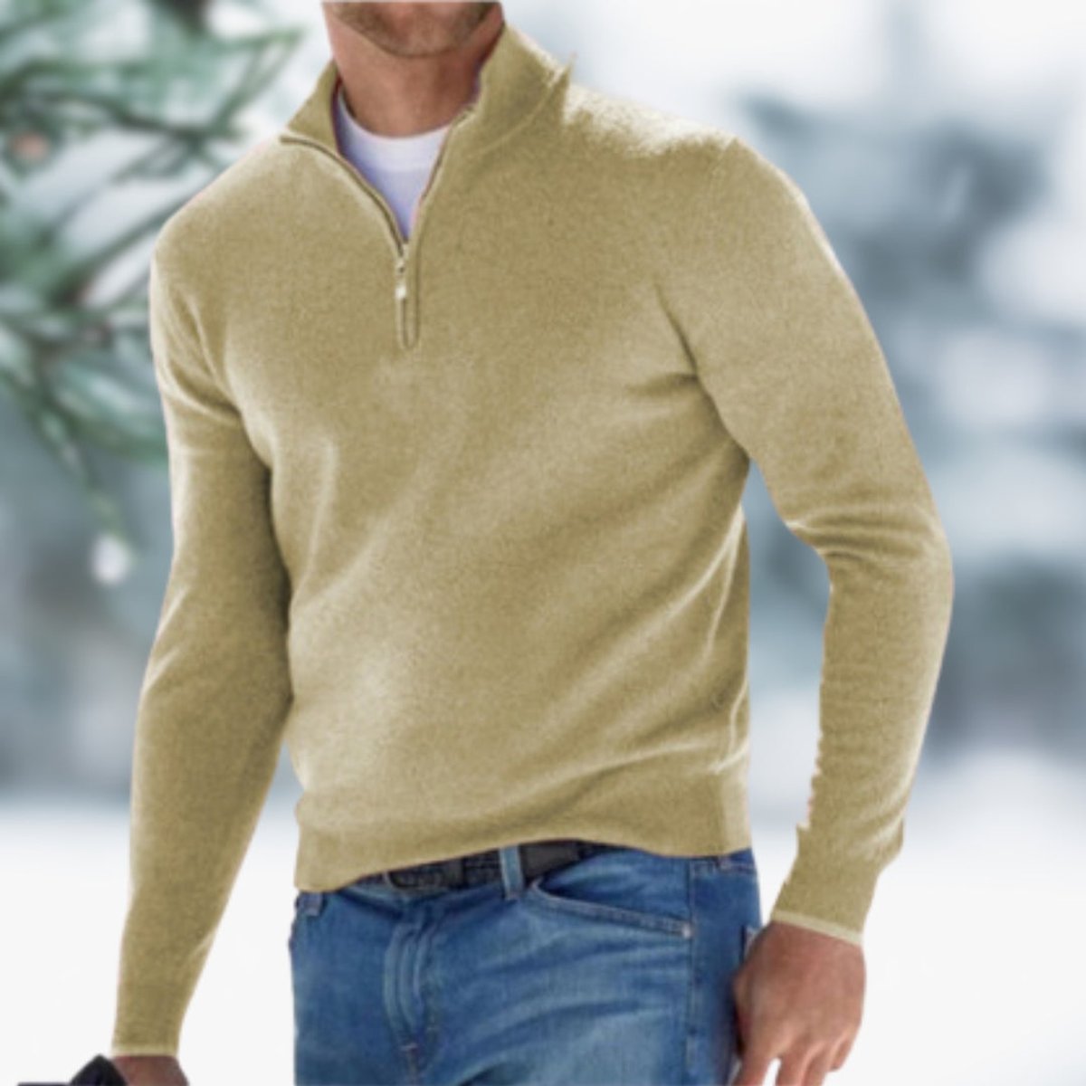 Men's slim-fit soft fine-knit quarter-zip sweater by Homixa with elasticated cuffs, stylish and comfortable for casual wear.