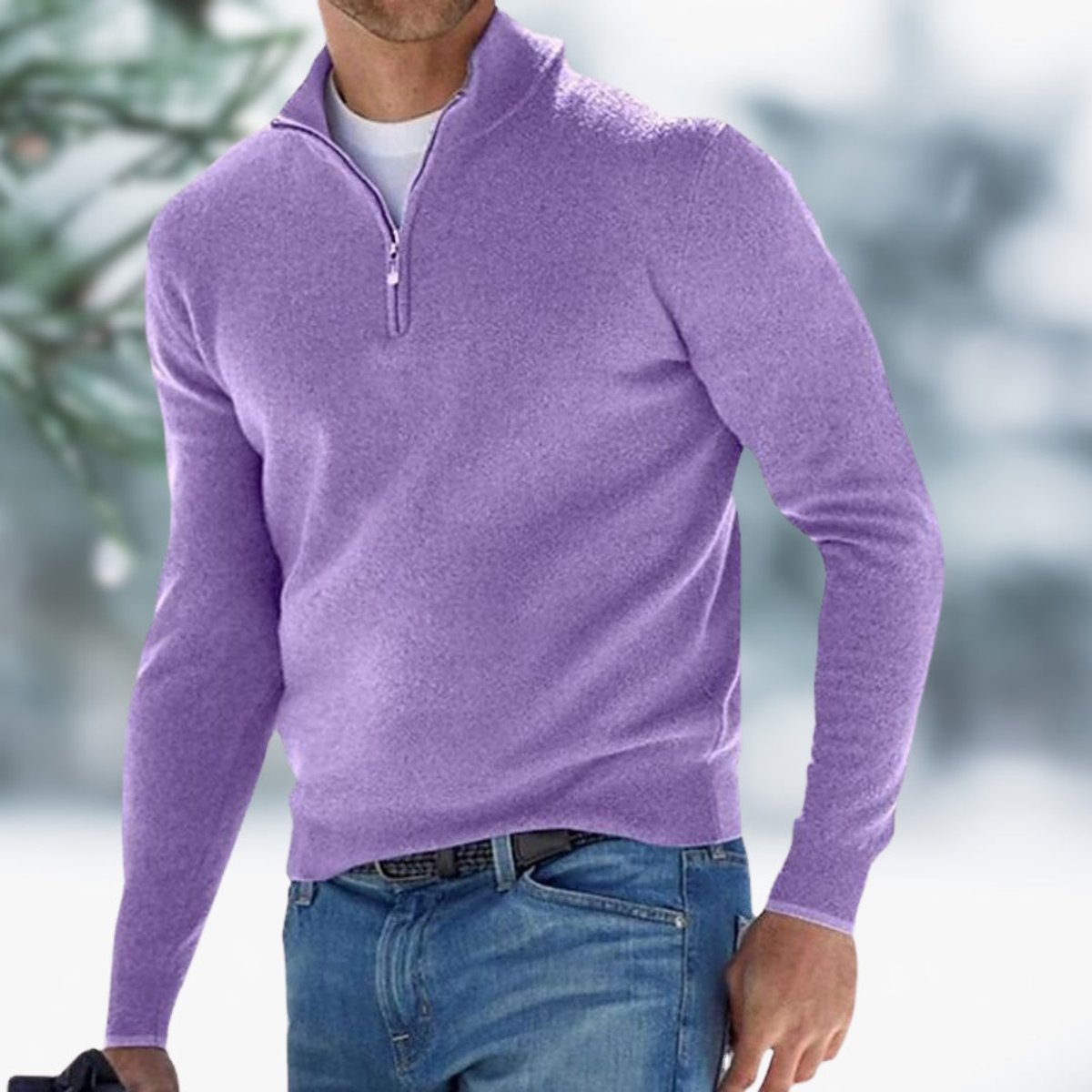 Men's slim-fit soft fine-knit quarter-zip sweater with elasticated cuffs by Homixa, shown on a model.