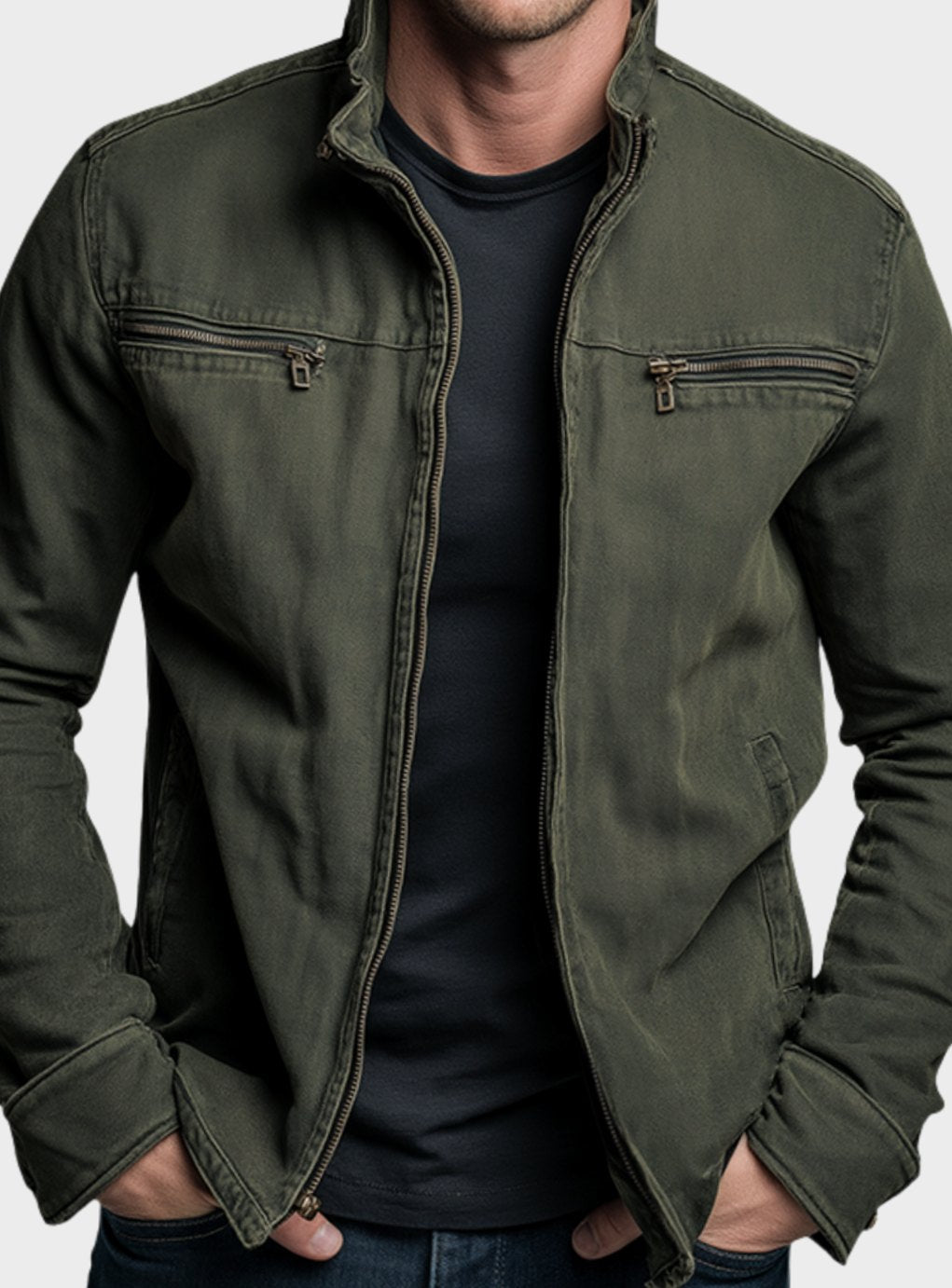 Men's slim-fit Homixa bomber jacket with stand collar, structured design, full-zip front, and modern style.