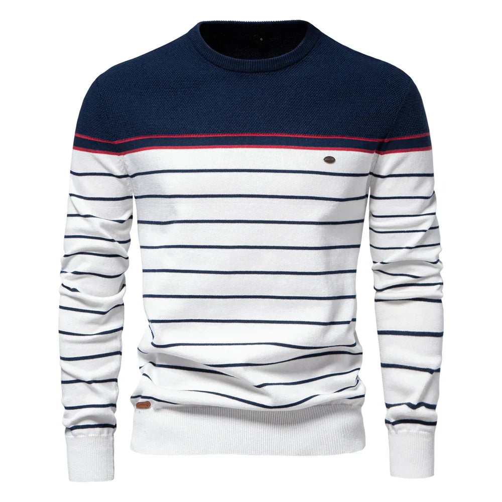 Men's slim-fit striped color-block crew-neck sweater with long sleeves by Homixa, featuring a stylish pattern and comfortable fit.