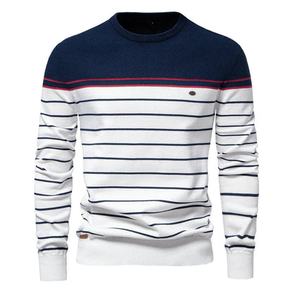 Men's slim-fit striped color-block crew-neck sweater with long sleeves by Homixa, featuring a stylish pattern and comfortable fit.
