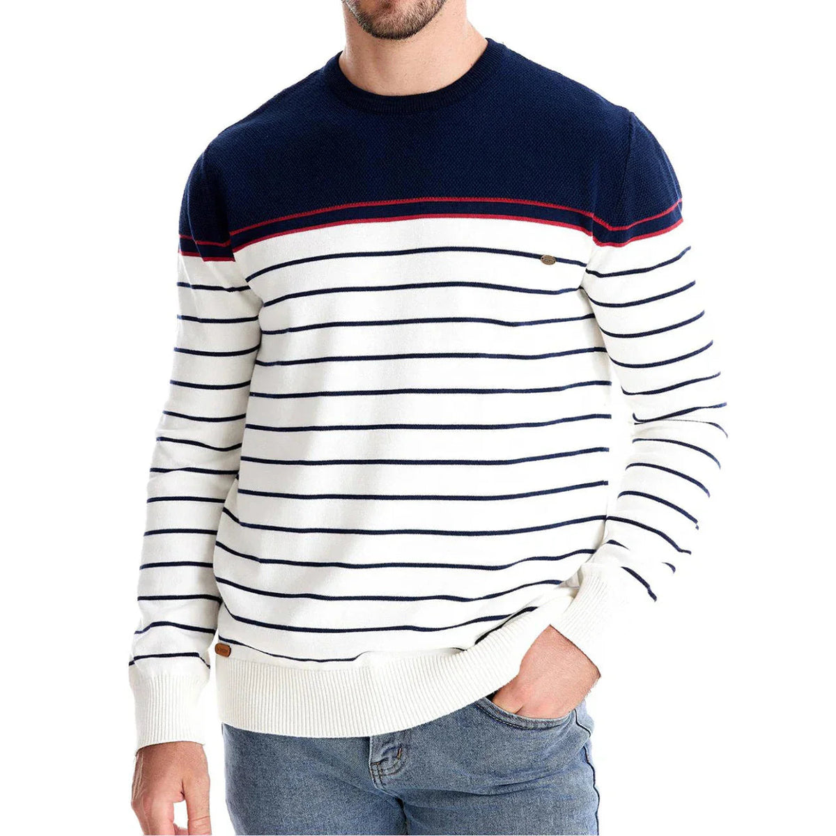 Men's slim-fit striped color-block crew-neck sweater with long sleeves by Homixa, featuring a stylish and comfortable design.