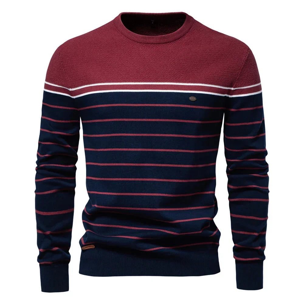 Men's slim-fit striped color-block crew-neck sweater with long sleeves by Homixa, featuring bold color contrast and cozy knit fabric.
