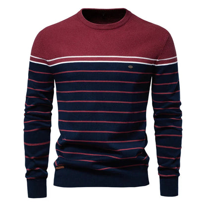 Men's slim-fit striped color-block crew-neck sweater with long sleeves by Homixa, featuring bold color contrast and cozy knit fabric.