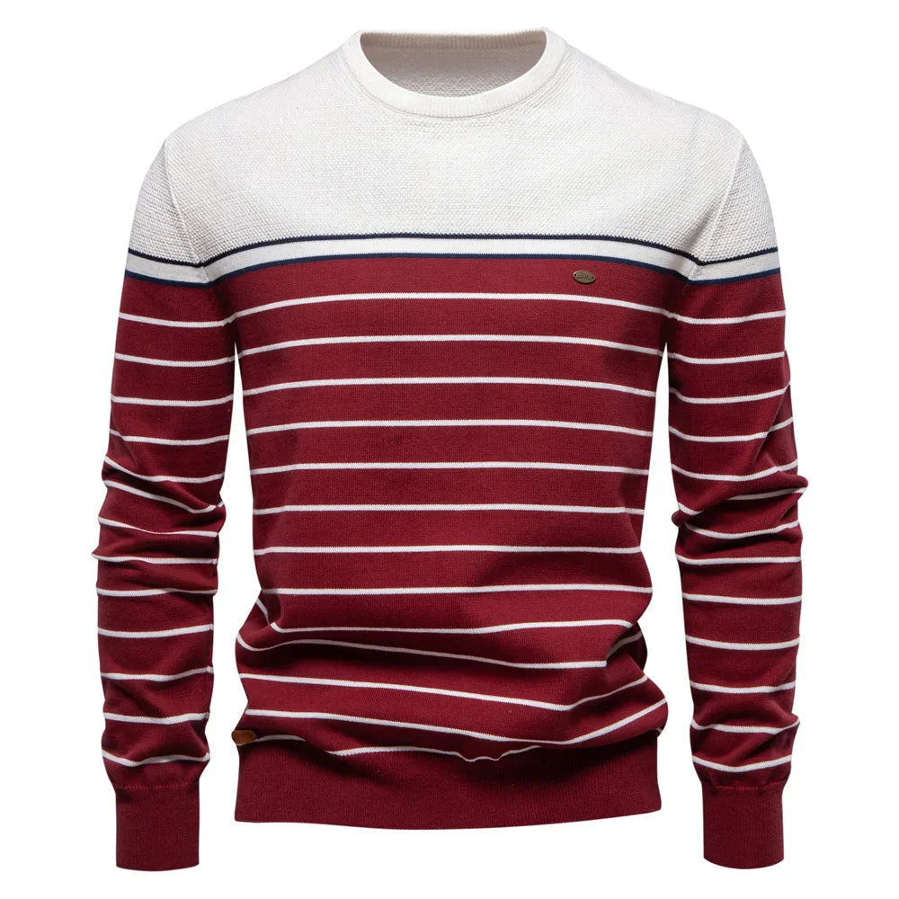 Men's slim-fit striped color-block crew-neck sweater with long sleeves by Homixa, featuring a stylish and comfortable design.