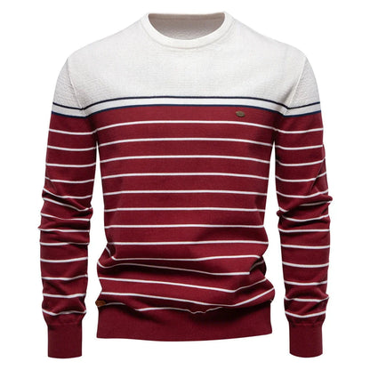 Men's slim-fit striped color-block crew-neck sweater with long sleeves by Homixa, featuring a stylish and comfortable design.