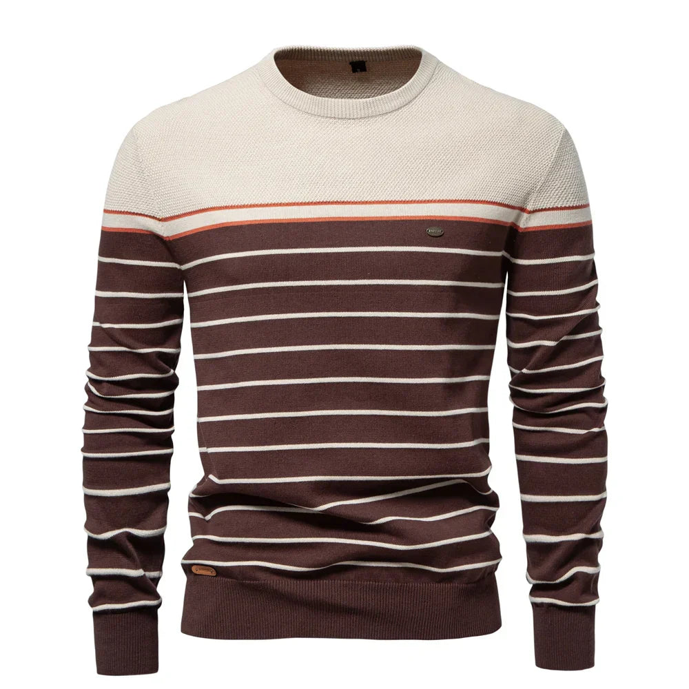 Men's slim-fit striped color-block crew-neck sweater with long sleeves by Homixa, featuring a stylish, fitted design in vibrant colors.