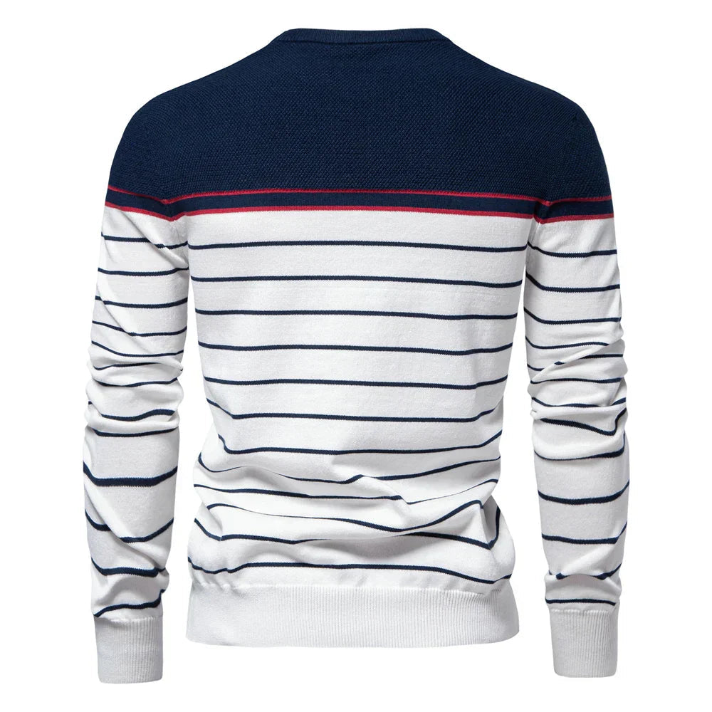 Men's slim-fit striped color-block crew-neck sweater with long sleeves by Homixa, featuring a stylish, modern design.