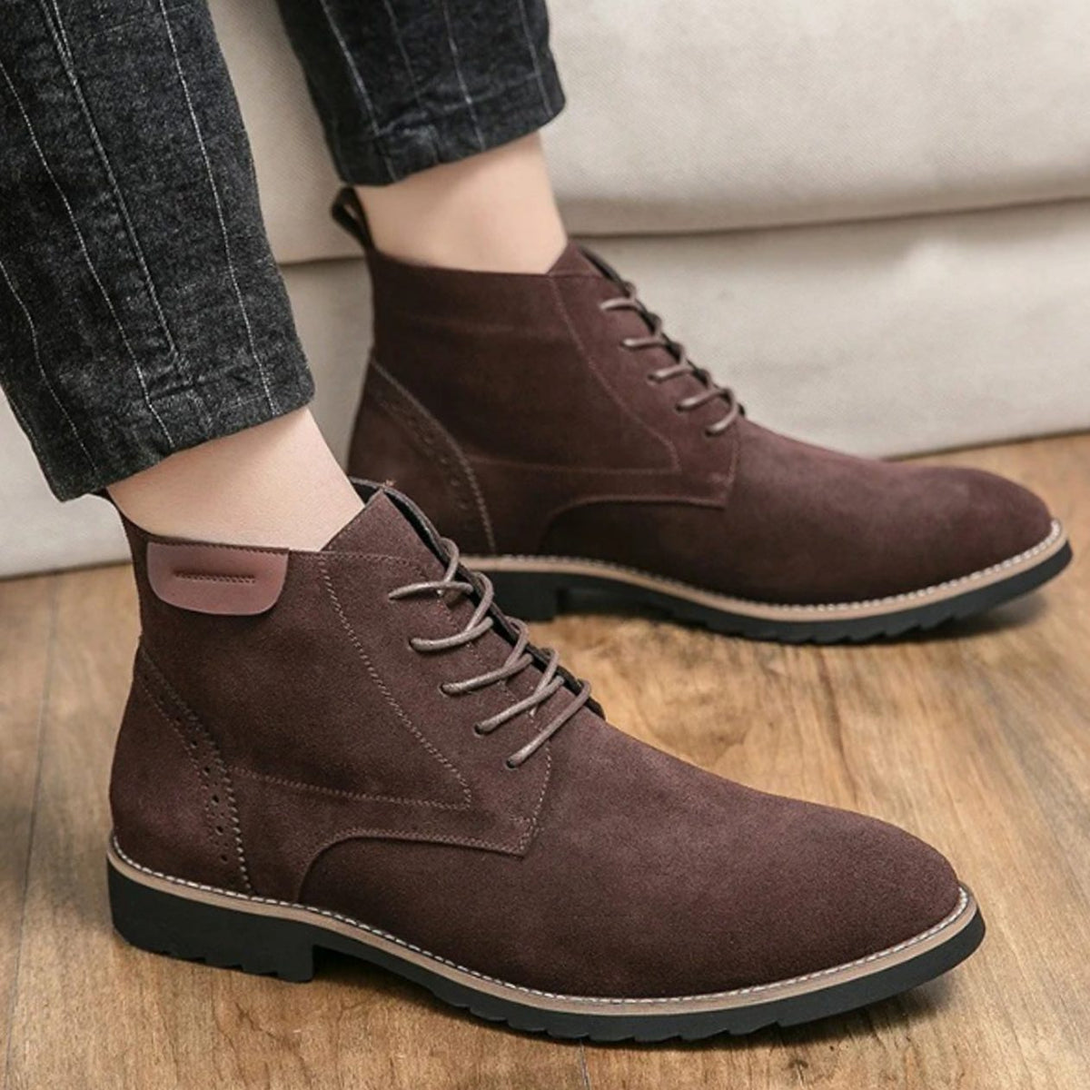 Homixa men's smart casual boots in suede-feel material with lace-up front and cushioned lining, stylish and comfortable footwear.