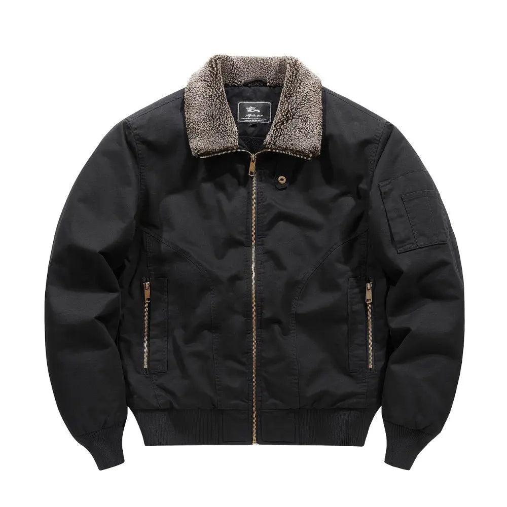 Men's Sherpa-collar zip-front bomber jacket by Homixa with ribbed cuffs and hem, shown on a model in a casual outdoor setting.