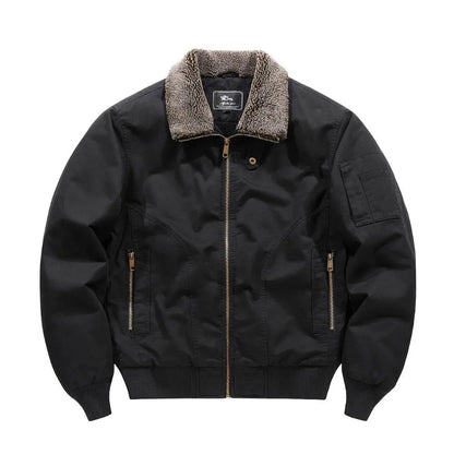 Men's Sherpa-collar zip-front bomber jacket by Homixa with ribbed cuffs and hem, shown on a model in a casual outdoor setting.
