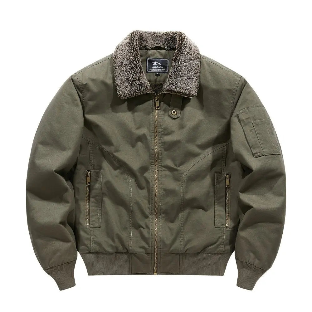 Men's Sherpa-collar zip-front bomber jacket by Homixa with ribbed cuffs and hem, shown on a model in a casual setting.