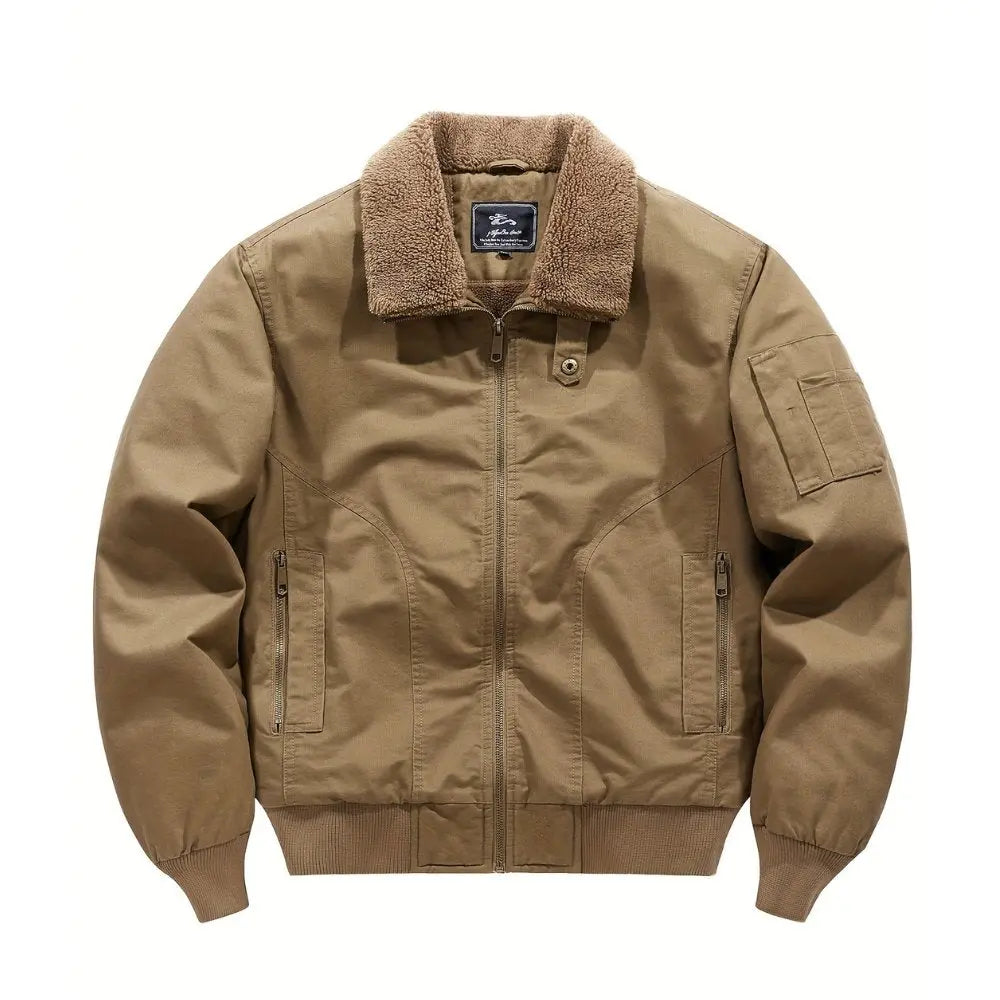 Men's Homixa soft sherpa-collar zip-front bomber jacket with ribbed cuffs and hem, shown on a model.