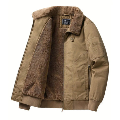 Men's Sherpa-collar zip-front bomber jacket by Homixa with ribbed cuffs and hem, shown on a model in a casual setting.