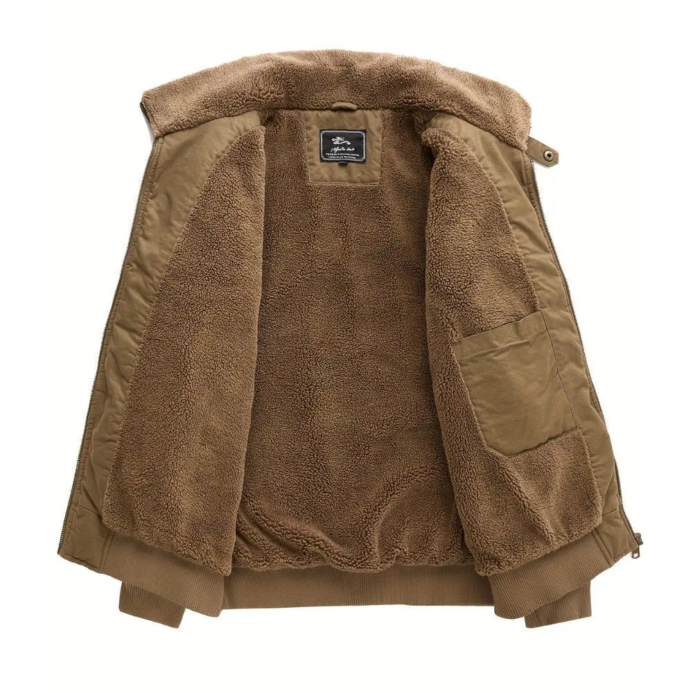 Men's Sherpa-collar zip-front bomber jacket by Homixa featuring ribbed cuffs and hem, shown in a close-up on a model.