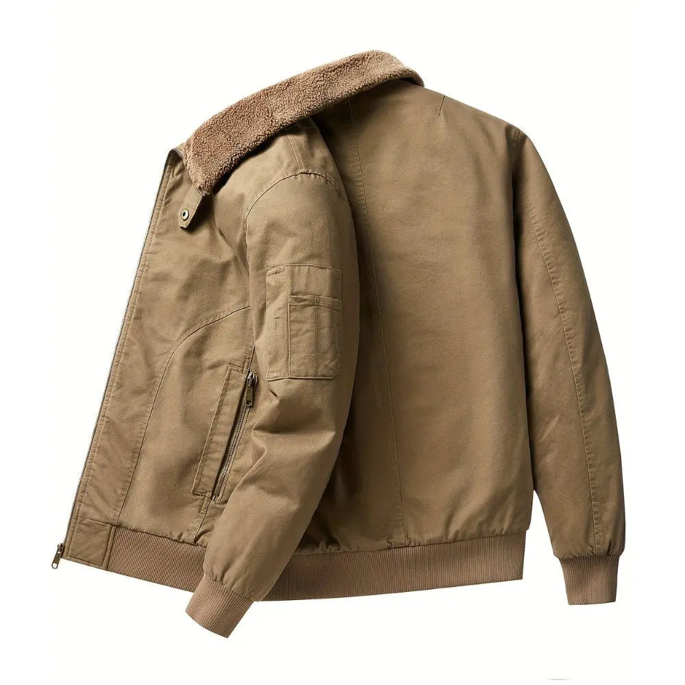 Men's Sherpa-collar zip-front bomber jacket by Homixa with ribbed cuffs and hem, shown in a close-up of the stylish jacket.