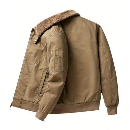 Men's Sherpa-collar zip-front bomber jacket by Homixa with ribbed cuffs and hem, shown in a close-up of the stylish jacket.