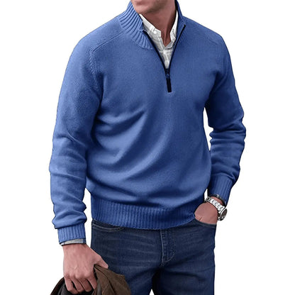 Homixa men's stand-collar quarter-zip sweater with long sleeves and regular fit, shown on a model in a casual setting.