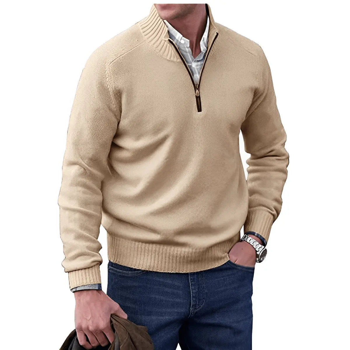Homixa men's stand-collar quarter-zip sweater with long sleeves and a regular fit, shown in a casual style.