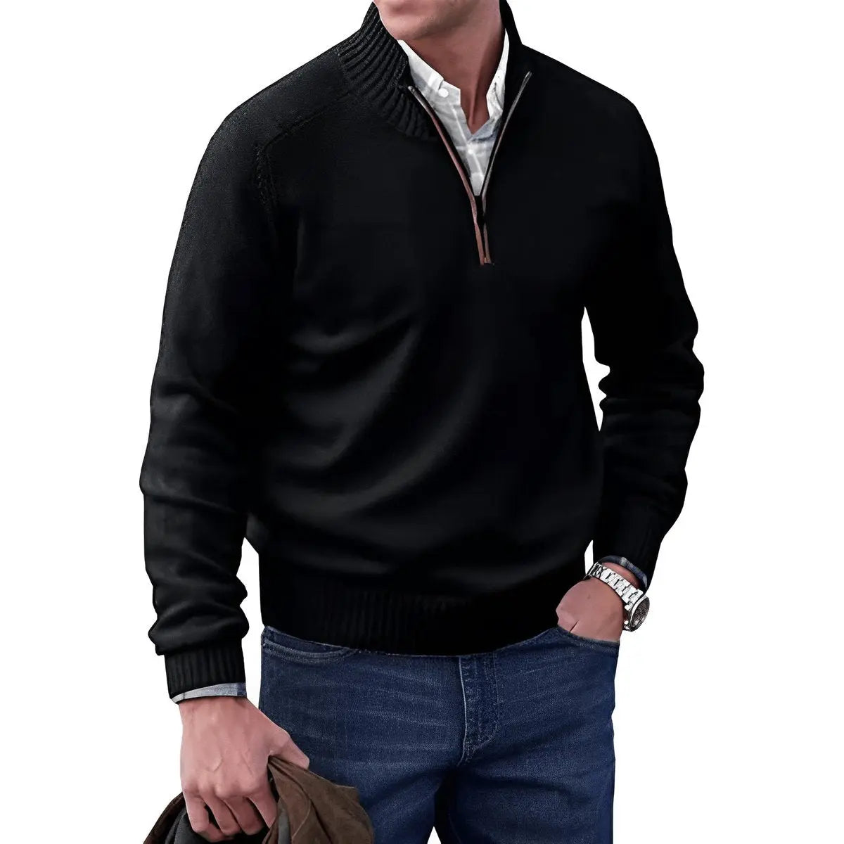 Homixa men's stand-collar quarter-zip sweater with long sleeves and regular fit, shown in a casual style.