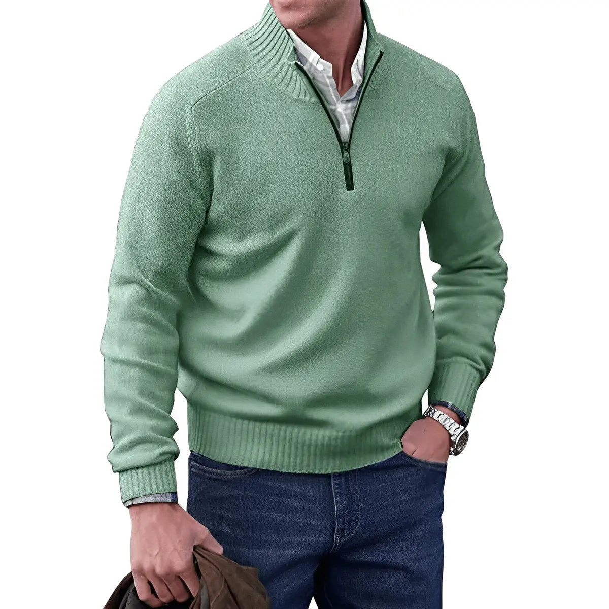 Men's Homixa quarter-zip sweater with stand collar, long sleeves, and a regular fit, styled casually.