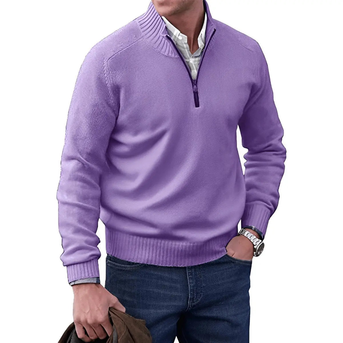 Homixa men's stand-collar quarter-zip sweater with long sleeves and regular fit, shown in a close-up view.