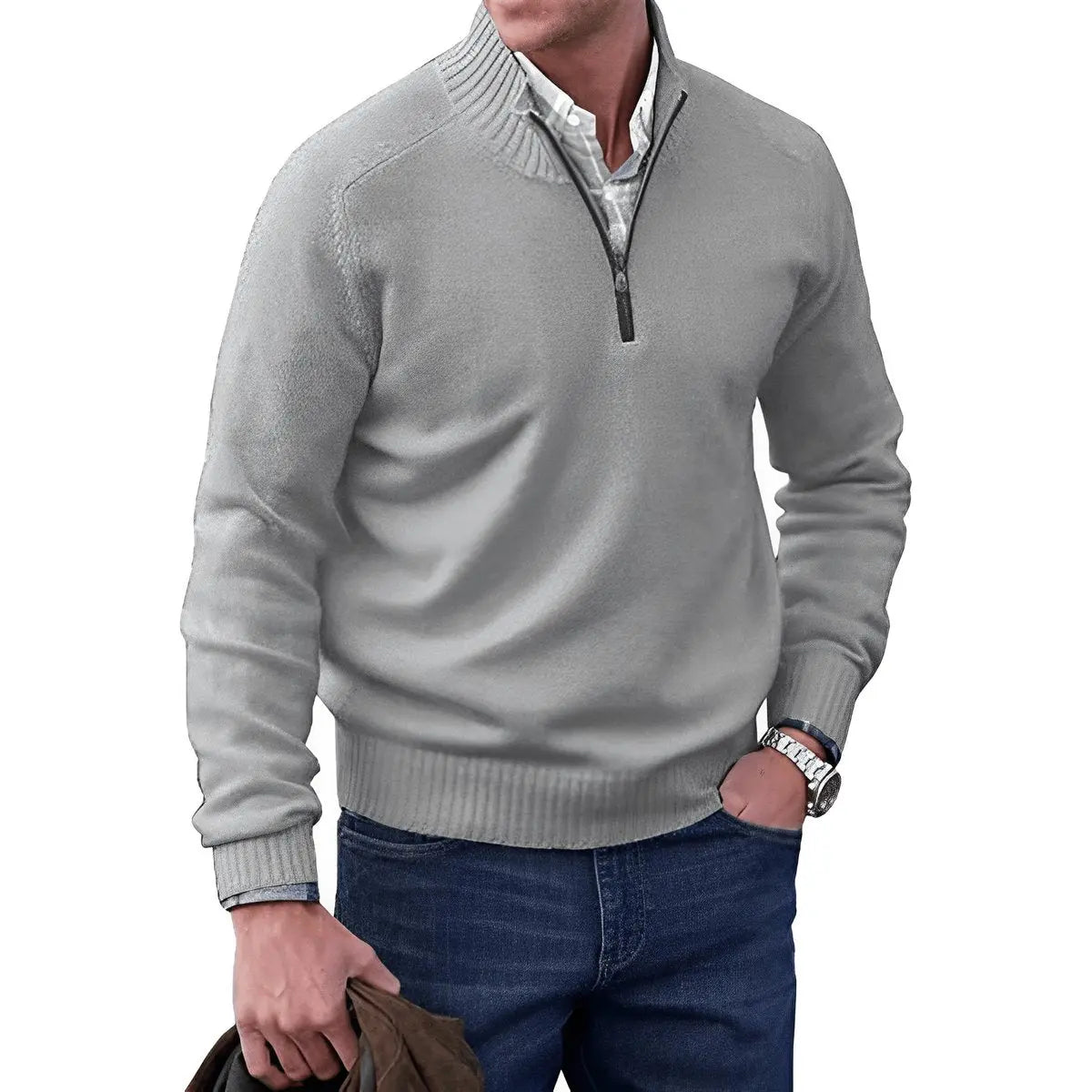 Homixa men's stand-collar quarter-zip sweater with long sleeves and a regular fit, shown in a close-up view.
