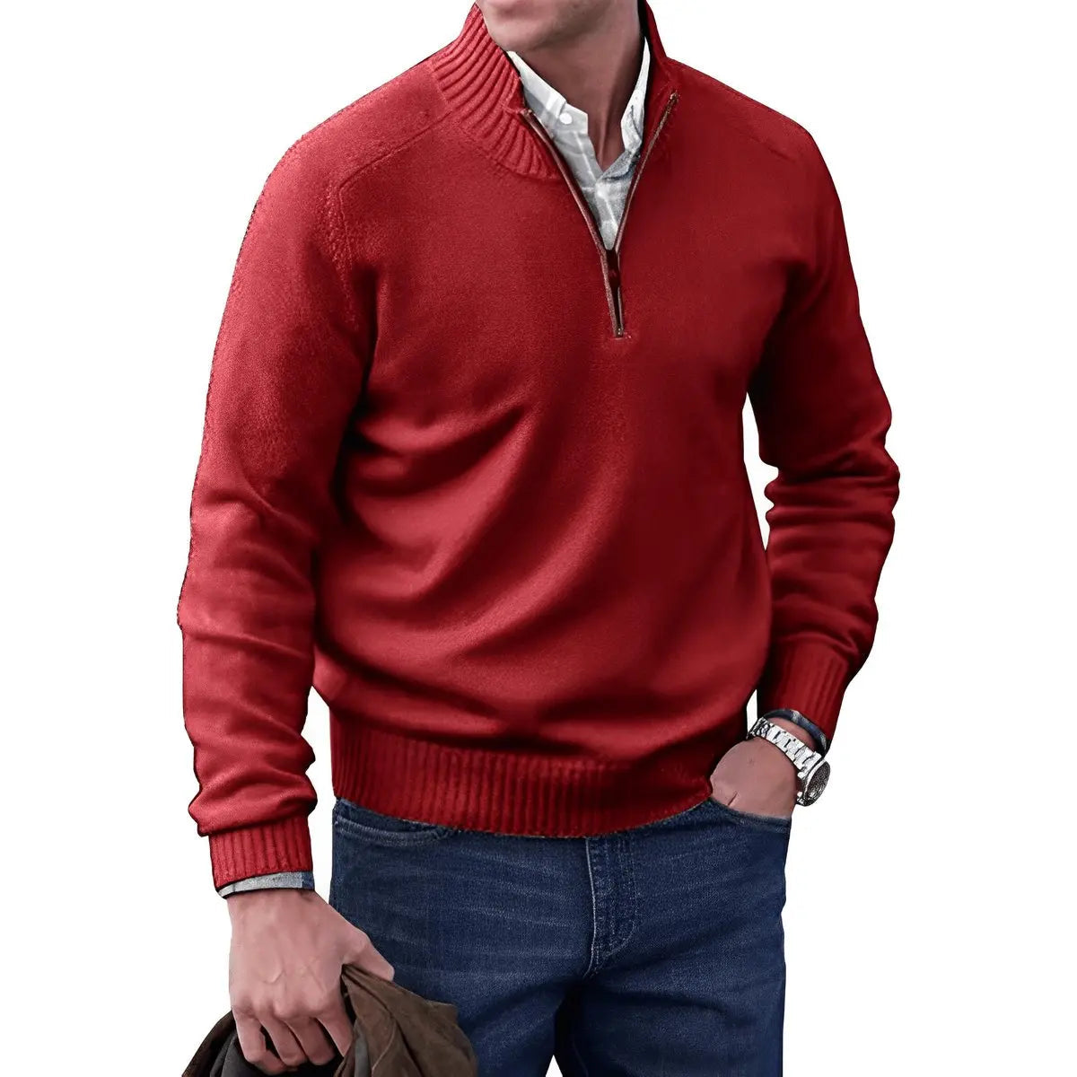 Men's Homixa quarter-zip sweater with stand collar, long sleeves, and regular fit, displayed on a neutral background.