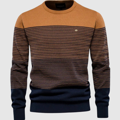 Men's Homixa striped color-block crew-neck sweater with ribbed cuffs and hem, featuring bold horizontal stripes and a cozy fit.