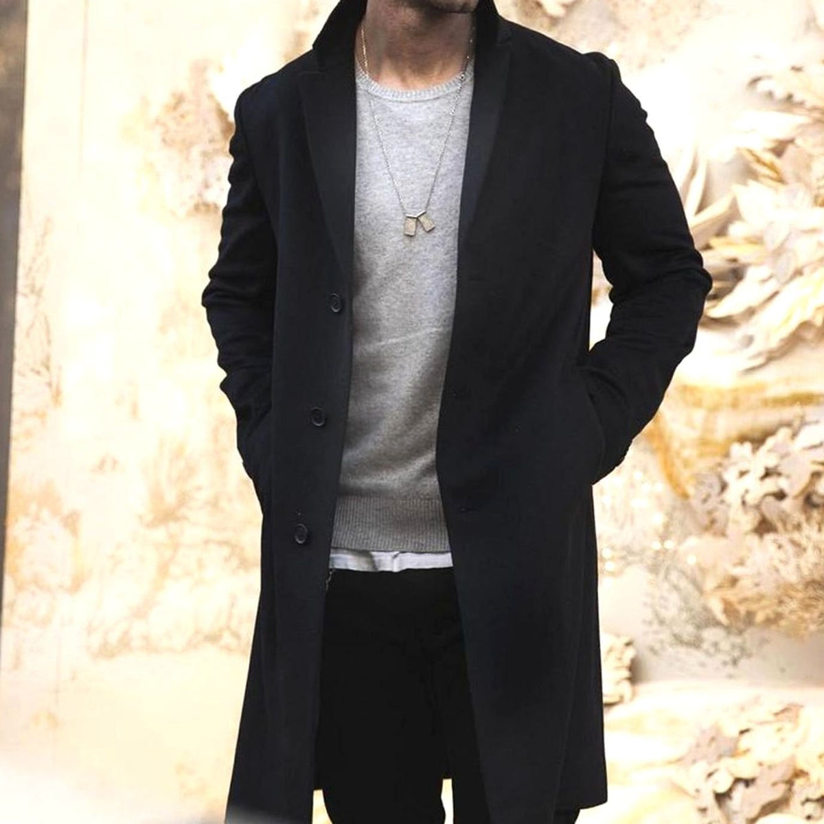 Men's tailored long overcoat by Homixa featuring notched lapel, button-front closure, and classic style.