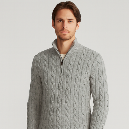 Men's textured cable-knit quarter-zip sweater with long sleeves and mock neck by Homixa, showcasing its cozy knit design.
