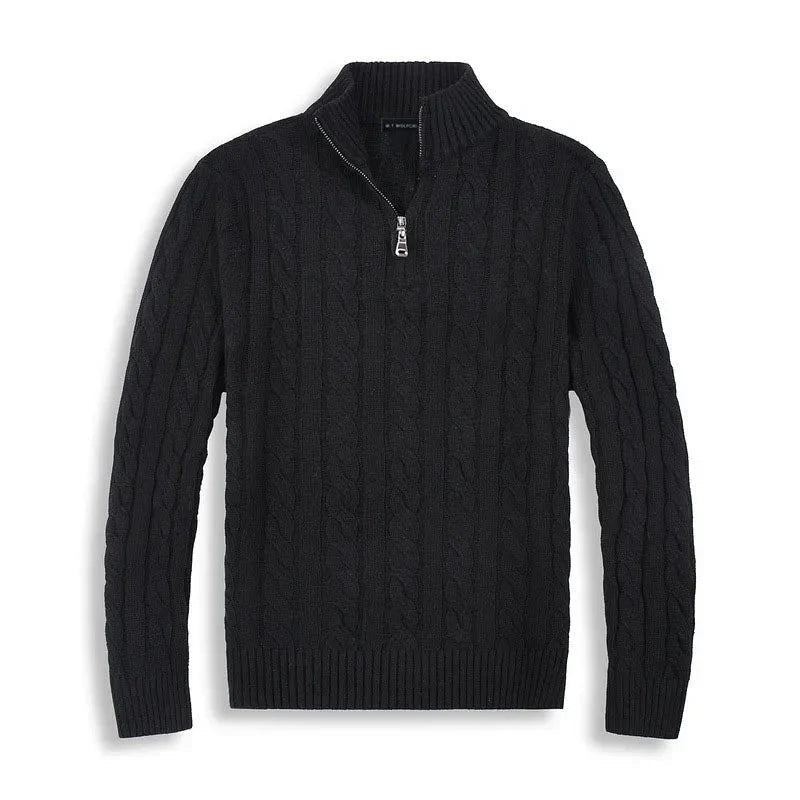 Men's textured cable-knit quarter-zip sweater with long sleeves and mock neck by Homixa, shown in a close-up view.