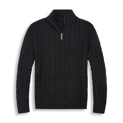 Men's textured cable-knit quarter-zip sweater with long sleeves and mock neck by Homixa, shown in a close-up view.