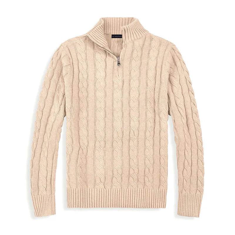 Homixa men's textured cable-knit quarter-zip sweater with long sleeves and mock neck, displayed on a model.